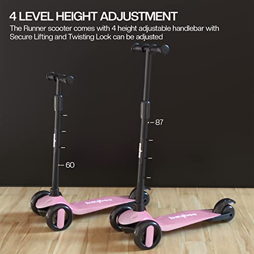 Image of Baybee Alpha-Glide 3 Wheel Scooter for Kids - Foldable & Height Adjustable Handle, LED PU Wheels & Brake - Ages 2-10 Years (Light Pink)