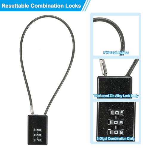 Image of PATIKIL 4 Pack 3 Digit Combination Lock, Helmet Padlock Cable Lock Gym Locker Lock with 0.98Ft Flexible Security Steel Lock Wire for Bike Locker Travel Luggage, Black