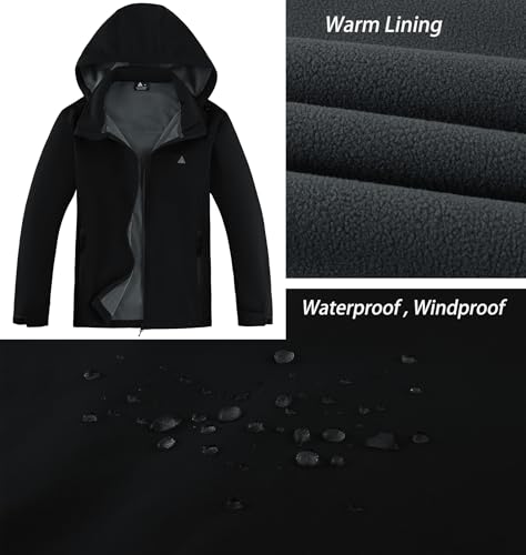 ZITY Soft Shell de Chaqueta para Hombre Senderismo Chaquetas de Lana Impermeables Invierno Chaqueta Cálida con Capucha con Bolsillos para Actividades al Aire Libre Acampadas y Pesca,Negro,XXL - imagen 2