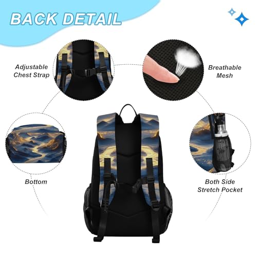Backpack Lunch Bag Set for Travel Hiking Picnic, Gilded Blue Mountains Print Backpacks with Insulated Lunch Box3