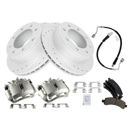 Image of TRQ Rear Brake Pad & Rotor Kit Slotted X Drilled Performance Ceramic Compatible with Rear Driver & Passenger Side 2006-2011 Chevrolet Express 2500 2003-2011 Express 3500 GMC Savana 2500 Savana 3500