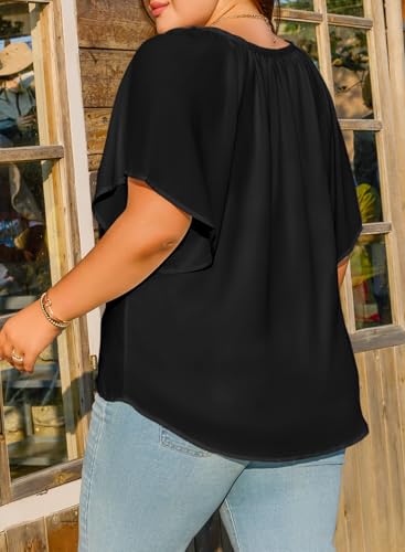 Eytino Womens Plus Size Tops Loose V Neck Bell Short Sleeve Casual Chiffon Blouses Pleated Flowy Shirts(1X-5X)2