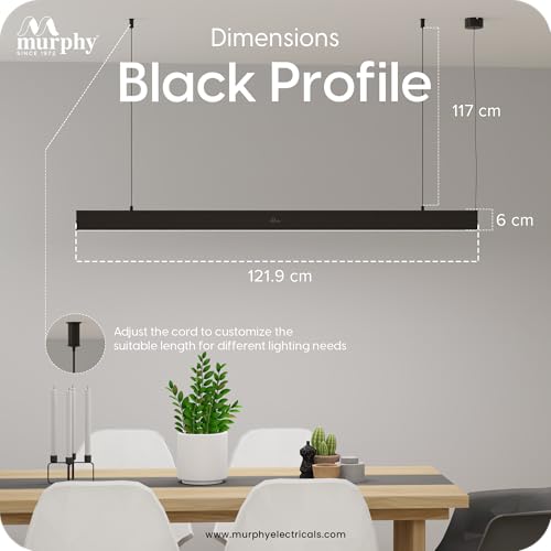 Image of Murphy Black 4ft LED Hanging Profile Pendant Light, 45W Natural White, 2-Year Warranty, Aluminium Body, Adjustable Wire - Linear Ceiling Light for Office, Home & Commercial - Pack of 1