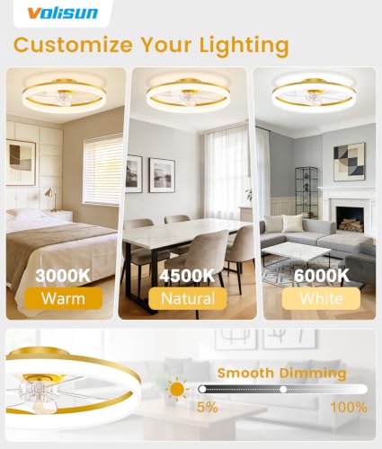 Image of VOLISUN Low Profile Ceiling Fans with Lights and Remote, 20in Fandelier Ceiling Fan Flush Mount, 3000K-6500K Smart Bladeless LED Fan Light, Gold Modern Ceiling Fans with Lights for Bedroom