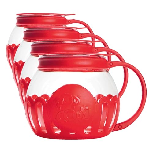 Image of Ecolution Patented Micro-Pop Microwave Popcorn Popper with Temperature Safe Glass, 3-in-1 Lid Measures Kernels and Melts Butter, Made Without BPA, Dishwasher Safe, 1.5-Quart, Red (Pack of 4)
