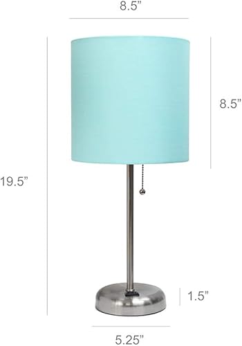 Miniatura 2 de Simple Designs LT2024-AQU Lámpara de escritorio de acero cepillado con toma de carga y pantalla de tela de tambor, pantalla aguamarina (paquete de 2)