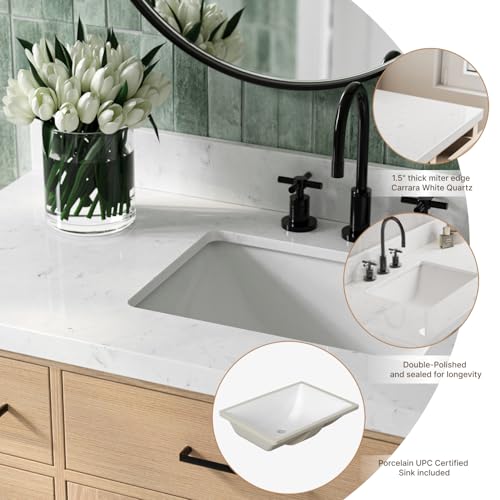ARIEL Hepburn 42\" Inch Oak Single Bathroom Vanity with Sink, Carrara White Quartz Countertop 1.5 inch Edge and backsplash, Soft Closing Door and Drawer, Matte Black - Thumbnail 5