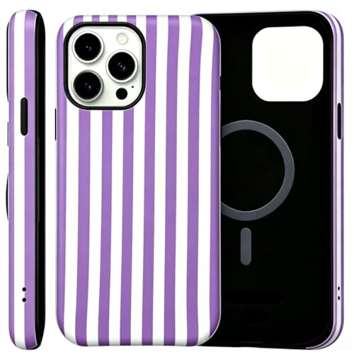 Image of for iPhone 16Pro Case Cute Phone Case,Compatible with MagSafe,Dual Layer Shockproof Protective Phone Cover,Hard Shell + Silicone Cover,Fashion Design for Women Girls,Striped Purple