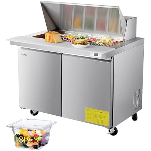 VEVOR 48"W Commercial Refrigerator, 12.5 Cu. Ft Sandwich Prep Refrigerated Table, Mega Top Food Prep Fridge with 18 Pans and Cutting Board, Stainless Steel Salad Prep Cooler for Restaurant, Food Truck