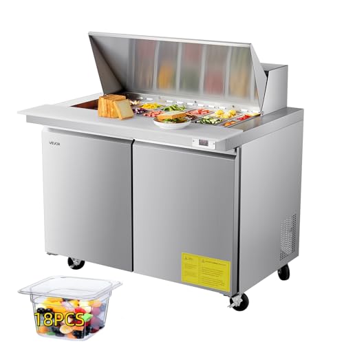 Image of VEVOR 48 inchW Commercial Refrigerator, 12.5 Cu. Ft Sandwich Prep Refrigerated Table, Mega Top Food Prep Fridge with 18 Pans and Cutting Board, Stainless Steel Salad Prep Cooler for Restaurant, Food Truck