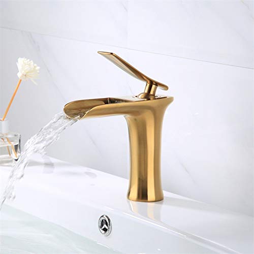 Rubinetto dell'acqua calda e fredda del bacino superiore della cascata dorata spazzolata che si siede rubinetto monoforo, modello basso