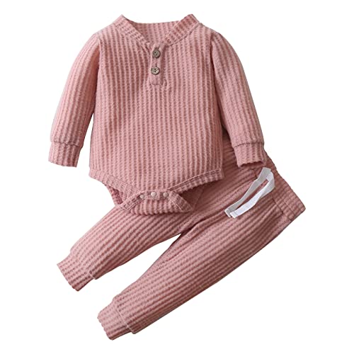 Hearyoo Newborn Baby Boy Girl Clothes Fall Winter Infant Outfits Unisex Long Sleeve Knitted Ribbed Romper & Pants 2pcs Set Pink 0-3M