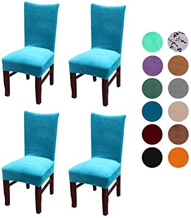 Velvet Spandex Stretch Dining Room Chair Cover, Removable Chair Slipcovers Set of 4pcs(peacock blue)
