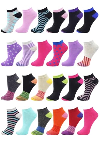 Winterlace 24 Pairs Ankle Socks for Women & Girls Bulk Pack, Fun Cute Low Cut No Show, Colorful Soft (Assorted A)