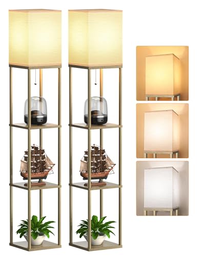PARTPHONER Floor Lamp with Shelves for Living Room Natural Wood 2 Pack, Shelf Floor Lamp with 3 CCT LED Bulb, Corner Display Standing Column Lamp Etagere Organizer Tower Nightstand for Bedroom Office