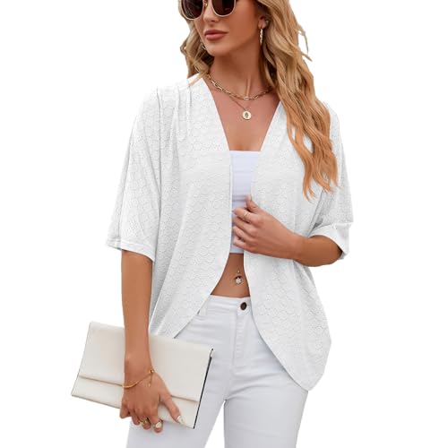 PrinStory Womens Cardigans 3/4 Sleeve V Neck Breathable Shrug Open Front Skin-Friendly Cardigan For Women Elegant Ladies Shrug For Spring Summer (White,L)