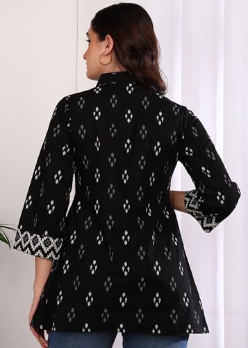 Image of Yash Gallery Women Cotton Regular Fit Geometric Print Hip Length 3 /4th Sleeve Collared Neck Short Kurti