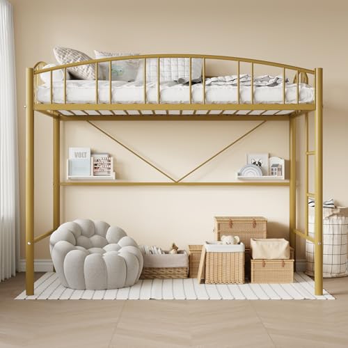 Garvee Loft Bed Twin Size with Ladde and Arched Guardrail, Heavy Duty Metal Loft Bed Frame for Kids and Adults, Sturdy Steel Slats Support, Small Space Saving Design, No Box Spring Needed, Gold
