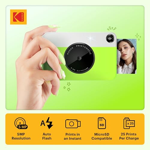 Image of Kodak Printomatic Full-Color Instant Print Digital Camera - 75 Sheets Bundle - Prints On Zink 2x3 Sticky-Back Photo Paper - 5MP, Portable, Creative Fun Gift for Birthday, Christmas, Holiday - Green