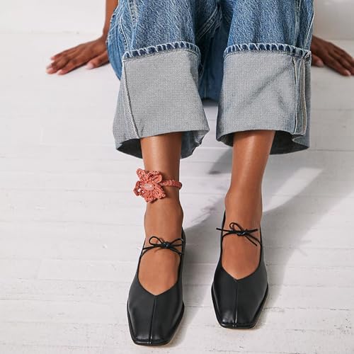 Image of Ballet Flats for Women Lace Up Bow Square Toe Mary Janes Cute Ballerina Shoes Slip On Comfortable Elegant Dress Shoes