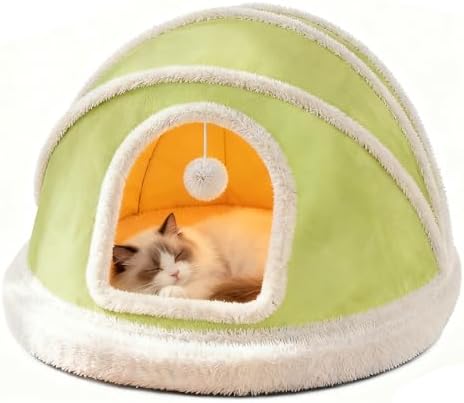 Cat Beds for Indoor Cats - Rabbit-Shaped Cat Cave Bed with Hanging Toy,Super Soft Calming Pet Bed for Kitten,Small Dog,Warm Plush&Machine Washable&Removable Cotton Pad,cat Hideaway (Green, Small)