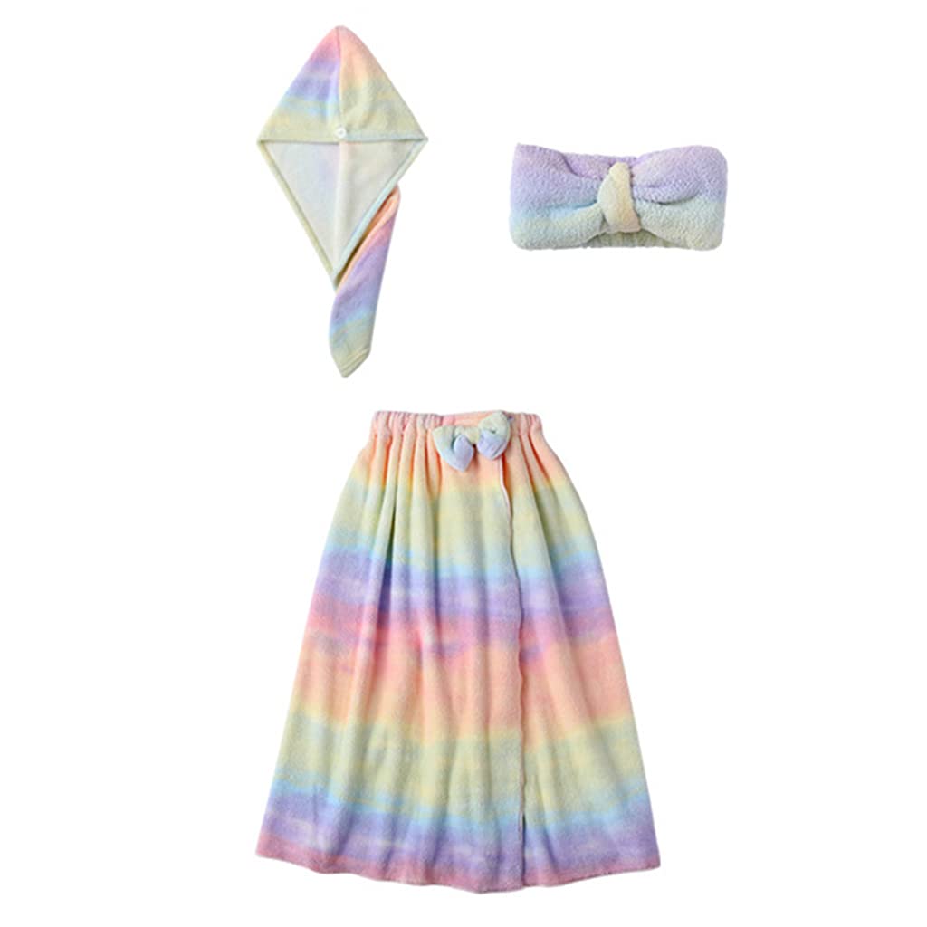 Bath Towel,Unknows 3pcs Women Bath Towel Wrap Set Rainbow Striped Shower Bathrobe Hair Cap Headband