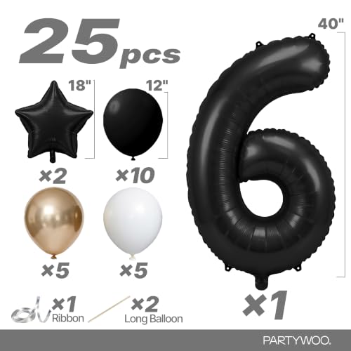 Image of PartyWoo Black Number 6 Balloon 40 Inch 25pcs Black Foil Star White Gold