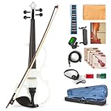 MeloCrest Silent Electric Violin for Beginners - Solid Maple & Spruce, Ebony Fittings, Carbon Fiber Tailpiece, Full Size 4/4 (White)