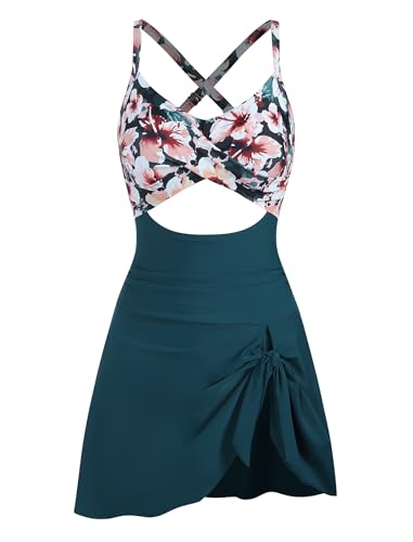 ZAFUL Women One Piece Swimdress Tummy Control Bathing Suit Push Up Swimsuit Modest Swimwear Cutout V Neck Cute Tie Knot Skirt2