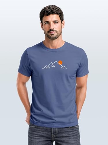 Neverless® Herren T-Shirt Frontprint Line-Art Berge Wandern Natur Outdoor Fashion Streetstyle Denim-Blue M