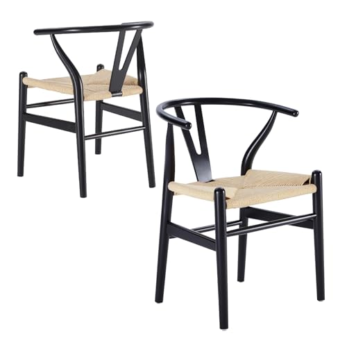 Natural Solid Wood Dining Chair/hans Wegner Y Chair Rattan And Wood Accent Armrest Chairs Set Of 2 (ash Wood - Black + Natural Cord)