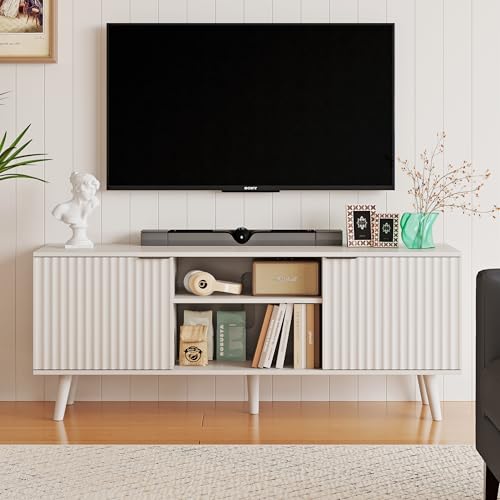 GFGWXW 55 inch Fluted TV Stand with Storage, Mid Century Modern Entertainment Center with Adjustable Shelf, TV Table Stand up to 65 Inches TVs for Living Room, Bedroom, White by GFGWXW - Used condition - US$121.40