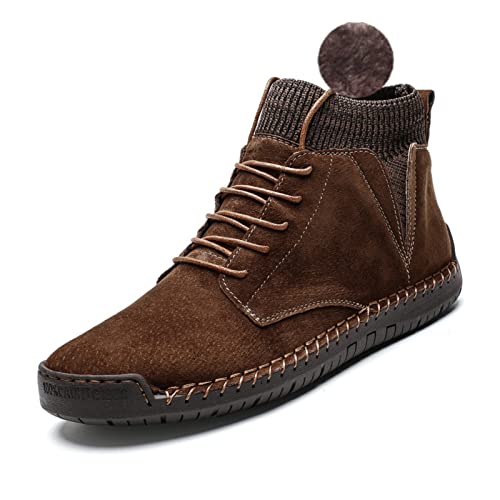 Image of Men's Vintage Hand Stitched Lace-Up Mid Loafers,Lace-up Chukka Dress Boot Motorcycle Walking Boots,Casual Leather Ankle Boots