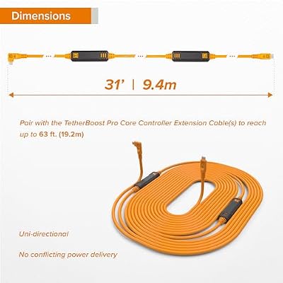 Tether Tools TetherPro USB-C to USB-C, 31' (9.4m), Straight to Right Angle Cable with Dual in-line TetherBoosts, Exclusive Data Transfer - Black