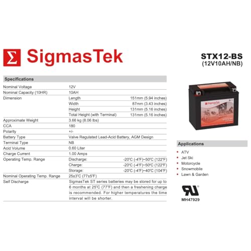 Deka ETX12 Compatible SLA Motorcycle Battery by SigmasTek, STX12-BS 180CCA