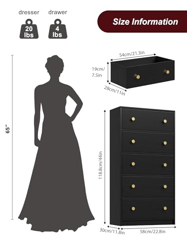 Nicehill Black Dresser for Bedroom with 5 Drawers, Fabric Dresser Storage Tower, Chest of Drawers for Closet, Living Room, Hallway, Entryway,Wood Dresser(Black) - Thumbnail 3