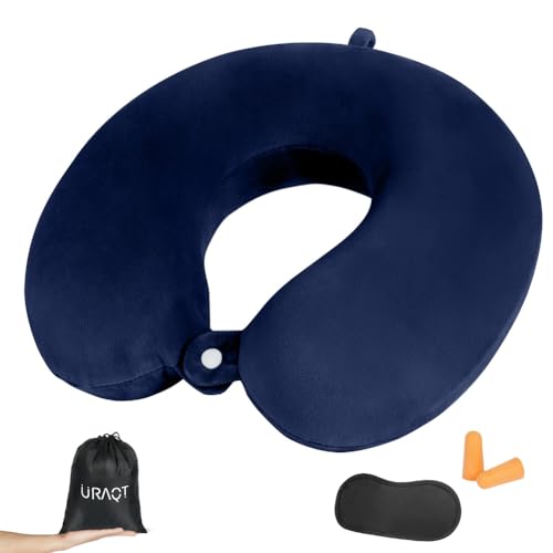URAQT Cuscino da Viaggio, Cuscino per il Collo in Memory Foam, Cuscino Cervicale da Viaggio con Maschera per Dormire, Tappo per le Orecchie, Cuscino per Auto, Aereo, Ufficio, Casa(Blu Navy)