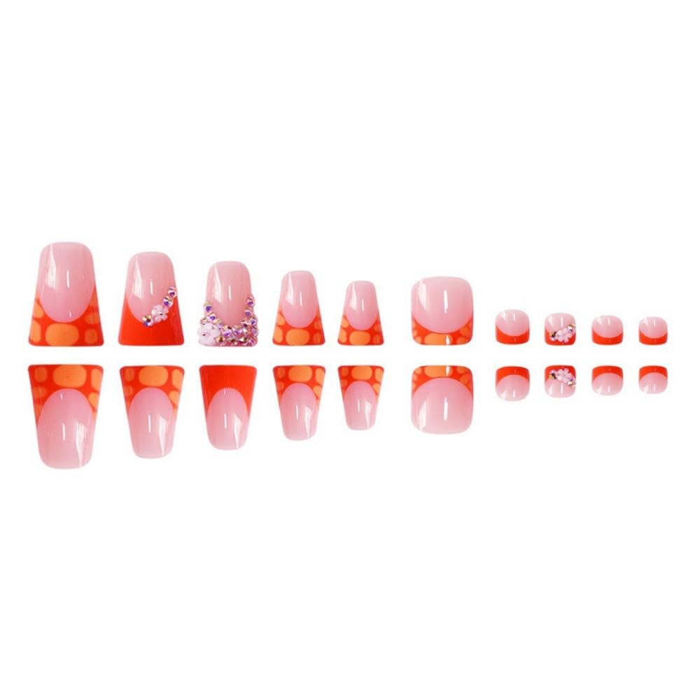 48Pcs Orange French Tips Press on Nails Medium Duck Fake Nails with Flower Rhinestones Design Short Square Press on Toenails Fall False Toenails Floral Fake Nail for Women Girls Manicure image 4