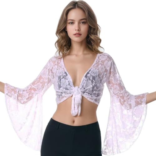 Image of Women's Bell 3 /4 Length Butterfly Sleeves Lace Shrug Sheer Mesh Front Tie Cropped Top Tees Cardigan Bolero