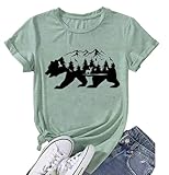 Mountain Tee Shirts for Women Funny Bear Pine Tree Graphic Print Lake T Shirts Spring Breathable Short Sleeve Loose Fit Nature Clothes(Pale Green L)