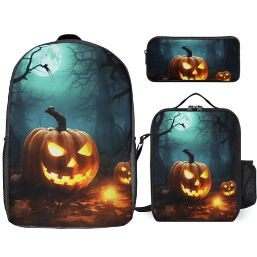 3 Piece Backpack for Women Men Lightweight Causal Daypack Shoulder Bag Set with Insulated Lunch Bag And Pencil Case Organizers Happy Halloween Pumpkins