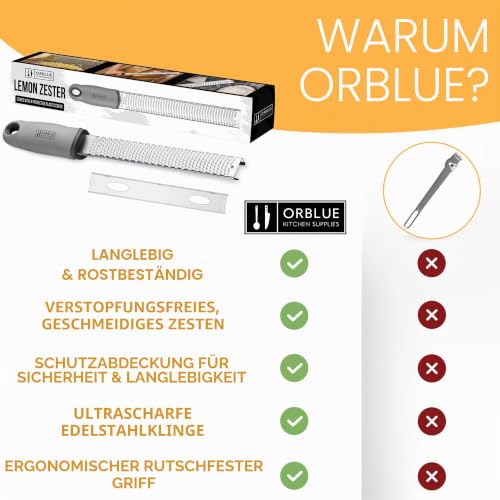 Foto von ORBLUE Käsereibe Zitronenreibe Zester Reibe Fein Parmesanreibe Handreibe Rasiermesserscharfe Premium Edelstahl Reibeoberfläche- für Hartkäse - Ingwerreibe