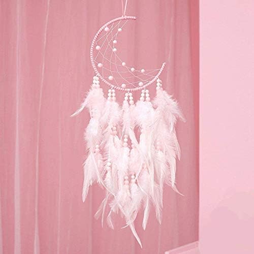 U/K Dream Catcher with LED Lights Handmade Pink Feather Moon Dreamcatcher Wall Hanging Ornament Home Room Decor for Kids Children Girls Baby Adults Bedroom Birthday Gift