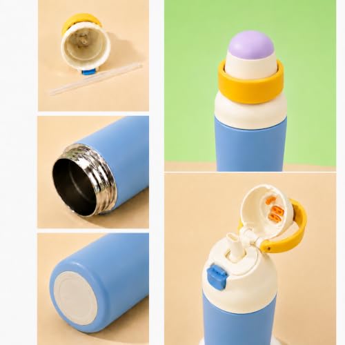 Image of HomeCloud 500ML Stainless Steel Water Bottle for Kids - Double Wall Vacuum Insulated, Leakproof Straw Lid, BPA-Free Reusable Flask with Dual Drinking Spout for School, Travel & Sports (Blue Yellow)