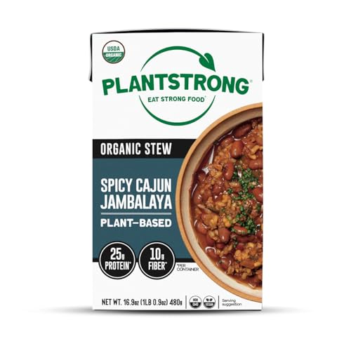 PLANTSTRONG Chili & Stew – USDA Organic, Non-GMO, Plant-Based, Vegan, Gluten-Free, Oil-Free, Lightly Salted, Ready to Heat & Serve (16.9 oz, Spicy Cajun Jambalaya Stew)