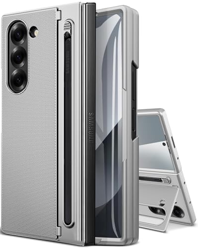 NINKI for Samsung Galaxy Z Fold 6 Case with S Pen Holder, Galaxy Z Fold 6 Phone Case with Hidden Stand & Screen Protector, Slim Thin Hard Shockproof Protective Cover for Samsung Fold6 5G - Silver