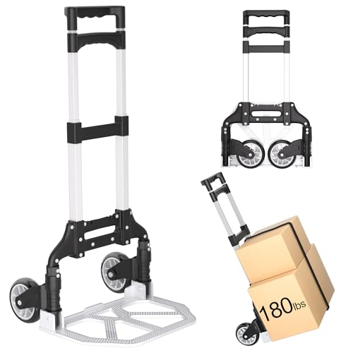 Folding Hand Truck - Aluminum Portable Dolly Cart with Telescopic Handle, Bungee Cord - Compact Lightweight Foldable Luggage Cart for Moving, Home, Auto, 180lbs, Black