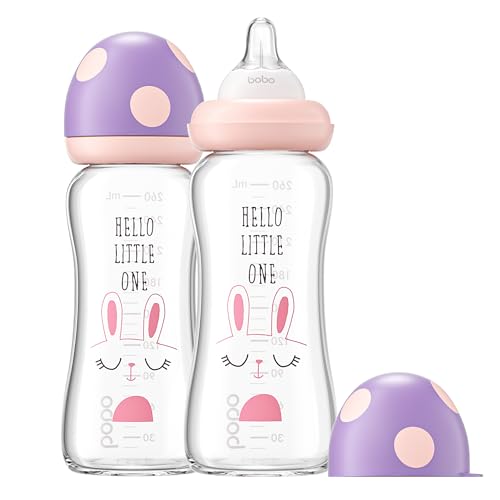 Image of YOHKOH Natural Glass Baby Bottle with Level 2 Medium Flow Nipple, Newborn Anti-Colic Baby Bottles, Wide Neck Mushroom Baby Glass Bottle ((8.8oz (Pack of 2), Purple)