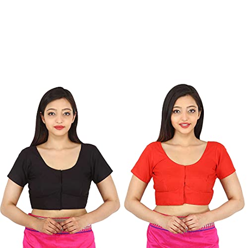 Image of Namita Women's Rubia Cotton Half Sleeve Readymade Blouse (U-COT-COM-2-BLACK-RED-32 Black, Red 32)