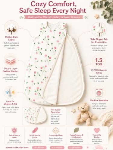 Image of TuddyBuddy Baby Cotton Wearable Quilted Sleeping Bag Blanket 1.5 Tog with 1 Way Zipper Closure | Ideal for Babies & Kids Hypoallergenic Fabrics | (Pink Floral & Leaves - Ribbed White, 6-12 Months)